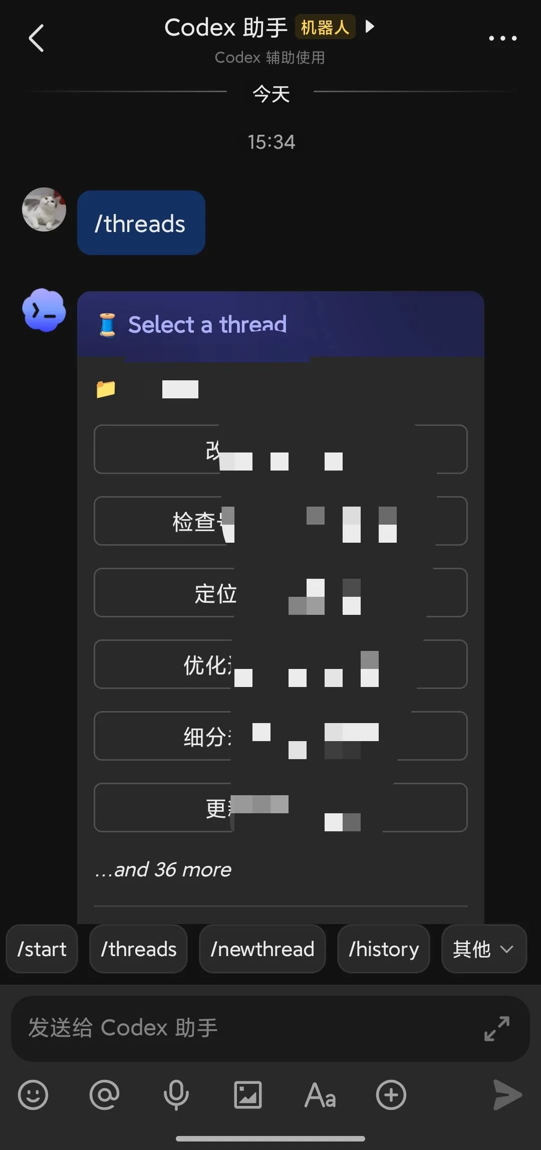 在飞书中选择 Codex 项目和会话
